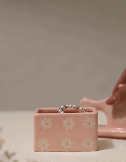 Handmade Kawaii Miniature Dollhouse Pink Ceramic Sewing Machine Trinket Box